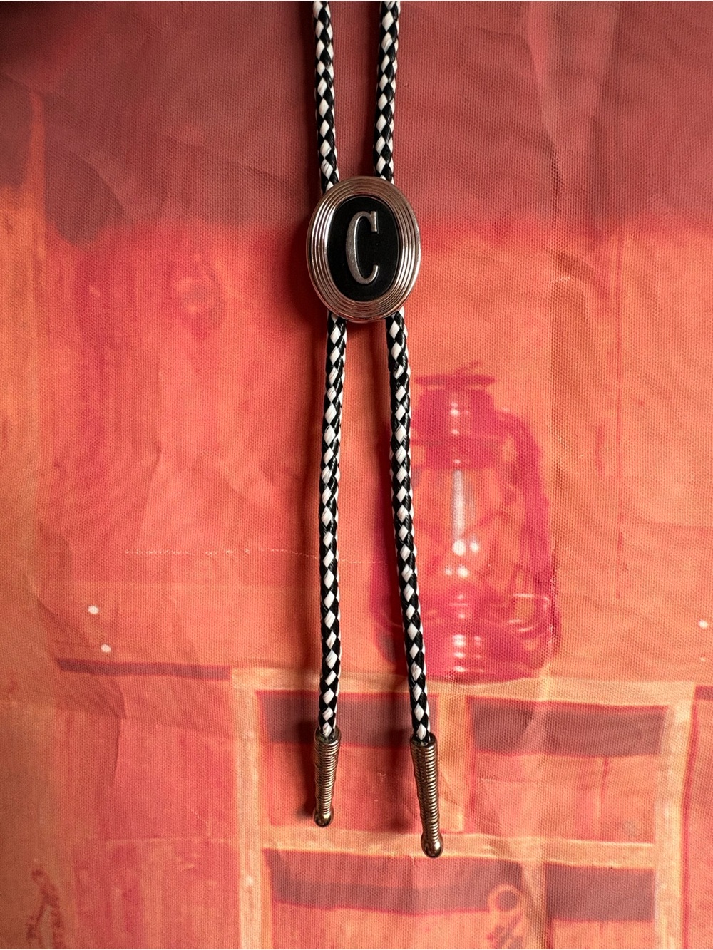 Vintage Swank Initial “C” Bolo Tie Black & White Braided Cord